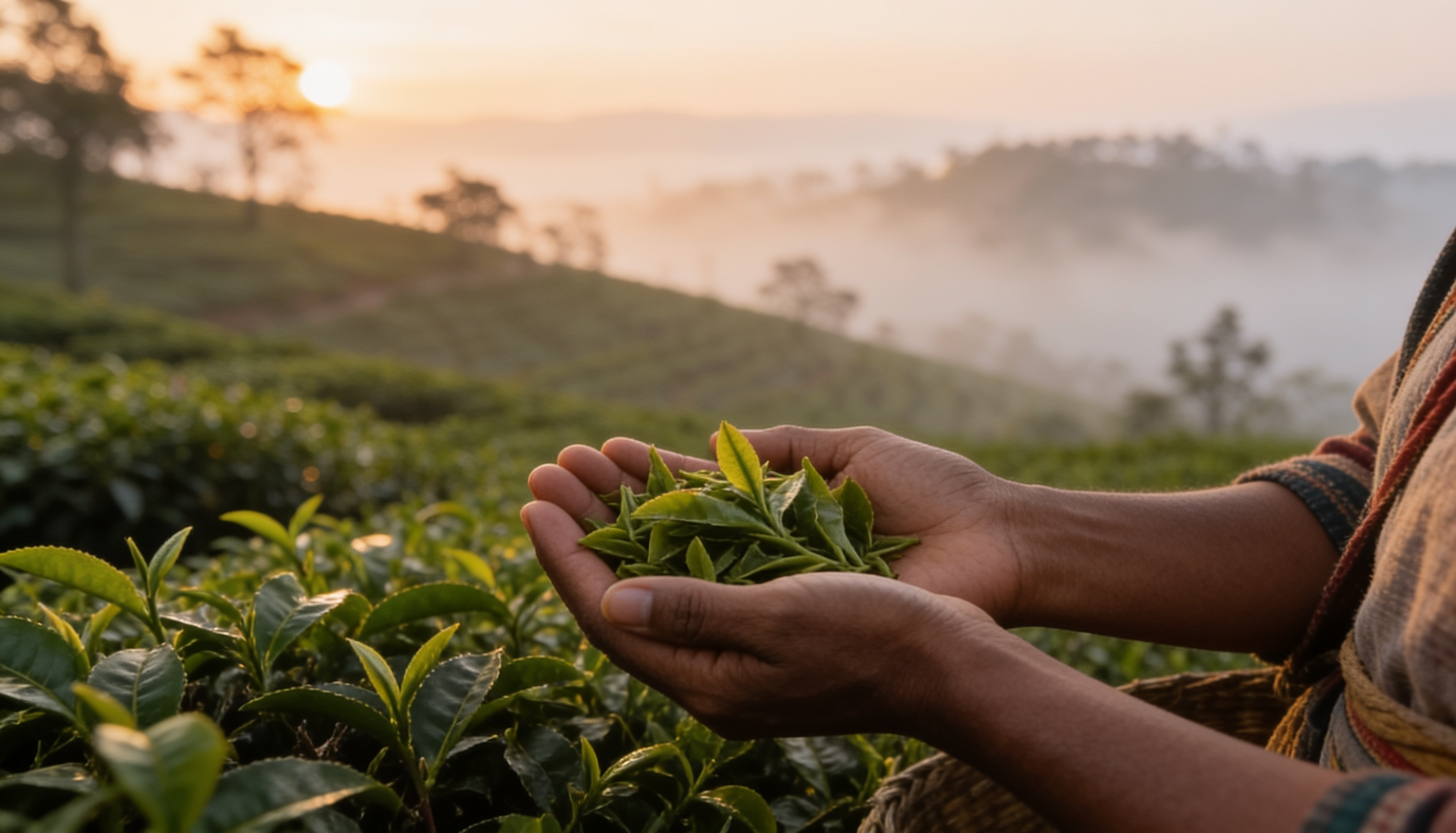 A tea picker's hands cradling fresh leaves at dawn