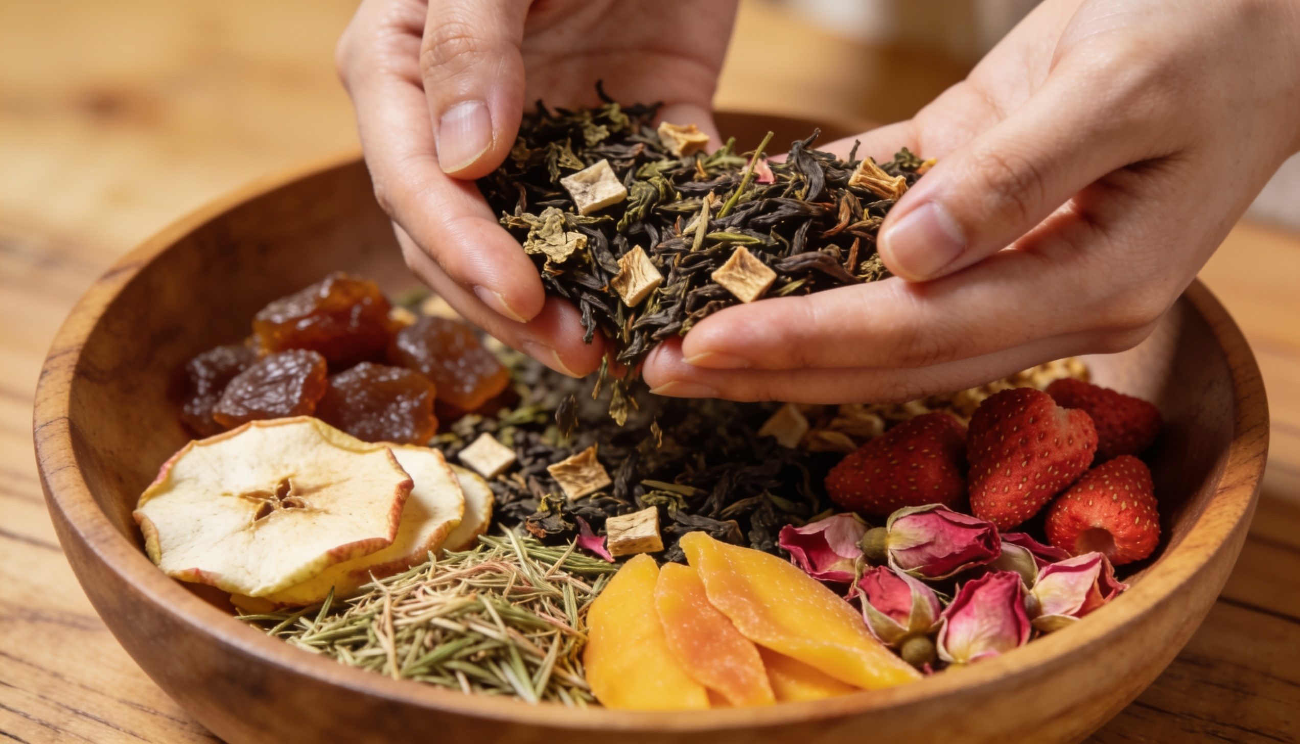 Hands blending dried tea leaves, fruits and flowers in a wooden bowl